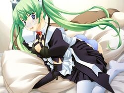 1girls bed blue_eyes blue_panties breasts caught cleavage crotch_rub elbow_gloves embarrassed emupii_maid_promotion_master game_cg gloves green_hair homura_yukine long_hair maid masturbation open_mouth panties pillow pillow_sex pillows sitting skirt solo straddling surprised tamahiyo thighhighs tied_hair twintails underwear white_legwear white_thighhighs