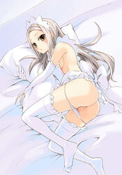 apron ass bed blush breasts elbow_gloves feet gloves gundam gundam_00 long_hair lying otabe_sakura otabetaste panties panty_pull pointy_chin pussy sideboob silver_hair soma_peries thighhighs uncensored underwear yellow_eyes