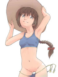 akinbo_(hyouka_fuyou) armpits arms_up bad_anatomy bikini braid brown_eyes brown_hair exposed_pussy hat original ponytail pussy swimsuit tied_hair uncensored wardrobe_malfunction