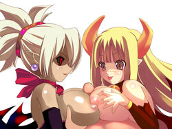 blonde_hair blush breast_press breasts censored collaborative_paizuri collaborative_titfuck dark_skin demon_girl detached_sleeves disgaea disgaea_2 double_paizuri female horns huge_breasts long_hair male multiple_paizuri nippon_ichi_software paizuri penis pointy_ears red_eyes rozalin shiki_(psychedelic_g2) straight succubus succubus_(disgaea) symmetrical_docking teamwork wings yellow_eyes zenon