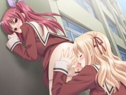 2girls blonde_hair blush censored cunnilingus female game_cg matsubara_yuuna multiple_girls oda_nanami oral panties panty_pull peko red_eyes red_hair school_uniform serafuku sono_hanabira_ni_kuchizuke_wo standing_yuri underwear yuri