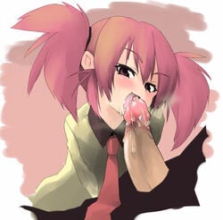 atahuta blush cum cum_in_mouth edomae_lunar facial fellatio female hair_ribbon licking looking_at_viewer my_bride_is_a_mermaid naughty_face necktie open_mouth oral penis pink_eyes pink_hair ribbon tied_hair twintails uncensored