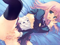 bed blue_eyes blush breasts censored clothing cum game_cg kouno_harumi leg_lift medium_breasts milfa miniskirt mitsumi_misato no_panties open_clothes open_shirt pink_hair pussy pussy_juice shirt skirt spread_legs spread_pussy stockings thighhighs to_heart_(series) to_heart_2 to_heart_2_another_days