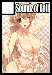 bikini breasts brown_eyes brown_hair circle_cut cleavage cum cum_on_body cum_on_breasts cum_on_upper_body elf facial large_breasts pointy_ears shimakaze soundz_of_bell swimsuit wink