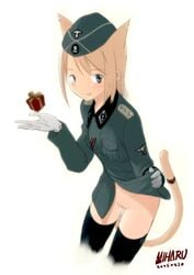 1girls 2005 artist_name bad_link bottomless cat_ears cat_tail dated garrison_cap gloves hat inverted_swastika ling_(cg_sky) military military_uniform nazi_reichsadler original pointy_chin present pussy soldier thigh_highs tongue uncensored white_background world_war_2