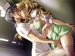 2girls against_wall black_hair blonde_hair blush breast_grab breast_press breasts closed_eyes covered_nipples dutch_angle earring earrings erect_nipples female fingering from_below game_cg garter_straps garters grabbing grabbing_another's_breast hat hoshimoto_aki jewelry jpeg_artifacts kiss kissing kitahara_akane large_breasts long_hair multiple_girls necklace nishida_asako nurse nurse_cap pussy_juice saliva school_uniform shirt short_hair skirt striped striped_shirt striped_skirt thanatos_no_koi thighhighs vertical-striped_skirt vertical_stripes yuri