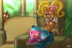 2017 anthro areola bandicoot being_watched biting_lip black_nose blonde_hair bluecoffeedog blush breasts brother brother_and_sister clothing coco_bandicoot computer crash_(series) crash_bandicoot duo electronics eyeshadow female fingering fingering_self flower green_eyes hair hair_flower hand_in_pants hi_res laptop makeup male mammal marsupial masturbation medium_breasts nipples overalls plant shirt sibling sister skinny sweat sweatdrop teenager video_games voyeur