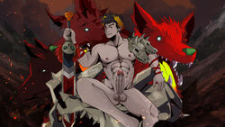 1boy 2020 abs balls bigbaraboi black_hair cerberus cerberus_(hades) erect_penis erection european_mythology greek_mythology grey_skin hades_(game) heterochromia holding_sword male male_nipples male_only muscular muscular_male mythology penis sitting six_pack skeleton supergiant_games sword testicles zagreus