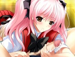 blush bow censored choukou_(alicesoft) choukou_sennin_haruka clothing cum cum_in_mouth fellatio game_cg onigirikun oral penis pink_hair school_uniform serafuku shihoudou_narika smile tied_hair twintails yellow_eyes