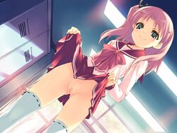 blush censored clothing dutch_angle game_cg green_eyes maaryan no_panties pink_hair school_uniform serafuku skirt skirt_lift stockings thighhighs to_heart_(series) to_heart_2 to_heart_2_another_days