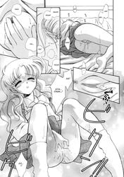 comic hard_translated highres masturbation monochrome no_panties orgasm skirt socks translated