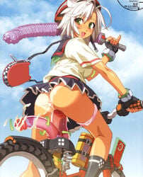 anal anus ass bicycle blush breasts cum dildo dildo_bike female footwear gloves green_eyes happy highres human large_insertion machine masturbation miniskirt nishii_(nitroplus) nitroplus no_panties panties panties_around_leg panties_around_one_leg panty_pull public school_uniform seifuku serafuku short_hair skirt socks solo tan tanline uncensored underwear white_hair