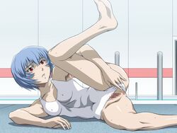 1girls 2006 blue_hair blush censored erect_nipples female female_only fey_(circle) hair leg_lift neon_genesis_evangelion one-piece_swimsuit pussy red_eyes rei_ayanami short_hair small_breasts solo spread_legs swimsuit white_swimsuit