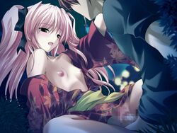 bow censored choukou_(alicesoft) choukou_sennin_haruka clothed_sex clothing flat_chest forest game_cg happy_sex japanese_clothes kimono nature no_panties onigirikun open_clothes open_kimono open_mouth open_shirt pink_hair sex shihoudou_narika shirt tied_hair twintails vaginal_penetration