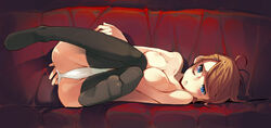 1girls breasts brown_hair couch feet female hair_ornament hairpin lying on_side original panties pov_feet short_hair solo super_zombie thighhighs topless underwear underwear_only