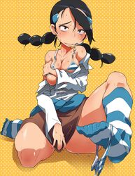 ahoge black_hair blush bra braid breasts brown_eyes candice_(pokemon) cleavage covering covering_crotch feet footwear game_freak gym_leader hair_held_back hair_ornament hairclip human human_only hun lingerie loose_socks miniskirt multiple_hair_ties nintendo no_panties panties panties_around_leg panties_around_one_leg pokemon pokemon_dppt pussy_juice sitting skirt skirt_pull skirt_tug socks source_request striped striped_bra striped_legwear striped_panties striped_socks sweat sweater_around_waist thighhighs tied_hair twin_braids twintails underwear wet year_request