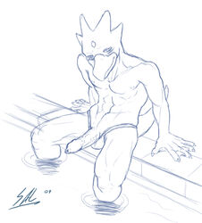 2009 anthro clothes golduck male male_only monochrome nintendo penis pokemon sitting sketch solo speedo spelunker_sal tagme topless water