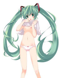 1girls breasts cameltoe erect_nipples female green_eyes green_hair hands hatsune_miku highres long_hair lowleg nipples open_mouth panties plus9 solo tied_hair twintails underwear vocaloid