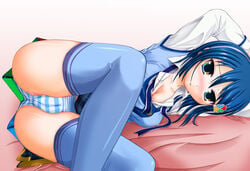 1girls 7-tan blue_eyes blue_hair blush cameltoe cleavage clothed clothing female female_only gradient_eyes lying_down madobe_nanami microsoft microsoft_windows multicolored_eyes nanami_madobe os-tan panties shimoogawa short_hair simple_background solo spread_legs spreading stockings striped striped_panties thighhighs underwear windows_7