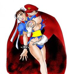 areola artist_request bracelet breast_grab breasts capcom cape chun-li closed_eyes double_bun erect_nipples female fingering gloves hair_ornament hat human m_bison male nipples no_pupils open_mouth panties spike straight straight_hair street_fighter torn_clothes