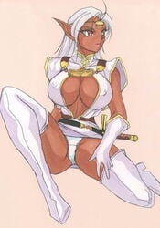 1girls 2008 boots breasts cleavage curvaceous dark-skinned_female dark_elf dark_skin elbow_gloves elf female gloves high_heel_boots humanoid large_breasts long_hair nipples panties pirotess pointy_ears record_of_lodoss_war solo spread_legs thick_thighs thigh_boots tsena white_boots white_hair wide_hips