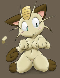 1girls anthro barely_visible_genitalia breasts color female female_only front_view fur furry kneeling meowth nintendo nude pokemon praiz solo