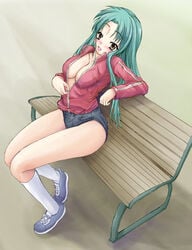 bench blush breasts cleavage green_hair long_hair nipple_slip nipples no_bra suzumiya_haruhi_no_yuuutsu suzumiya_haruhi_no_yuuutsu track_suit tsuruya unzipping yo-jin