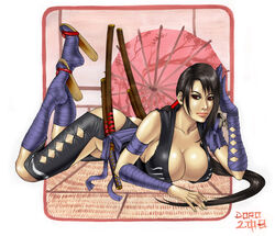 bandages black_hair breasts cleavage female large_breasts long_hair on_stomach ponytail red_eyes sandals shura_(soulcalibur) soul_calibur soul_calibur_iv stregatto10 tied_hair zouri