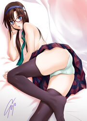 1girls blue_eyes blush breasts brown_hair clothing eyewear female glasses hair hairband human legs light-skinned_female light_skin long_hair looking_at_viewer mari_illustrious_makinami medium_breasts necktie neon_genesis_evangelion panties plaid rebuild_of_evangelion skirt soyosoyo stockings tartan thighhighs topless underwear