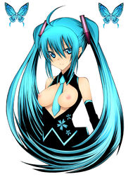 1girls aqua_eyes aqua_hair bare_shoulders between_breasts blue_eyes blue_hair breastless_clothes breastless_clothing breasts butterfly daive female hatsune_miku high_resolution long_hair necktie necktie_between_breasts nipples solo tied_hair topless_dress twintails vocaloid