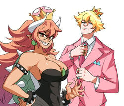 1boy 1girls 2021 7:6 abs blonde_hair blue_eyes bowsette breasts brown_eyes cleavage crown dark-skinned_female dark_skin dress earrings eyebrows_visible_through_hair fangs female genderswap_(ftm) genderswap_(mtf) grin hair_between_eyes hand_on_hip highres horns jewelry large_breasts long_fingernails long_hair looking_at_viewer male mario_(series) messy_hair monster_girl necktie new_super_mario_bros._u_deluxe nintendo pink_clothing pointy_ears prince prince_peach_(thegreyzen) princess_peach red_bowsette red_hair ring rule_63 sharp_fingernails shell sideboob simple_background smirk spiked_armlet spiked_bracelet spiked_shell spikes standing suit super_crown super_mario_bros. tan teeth tinafate1 turtle_shell uniform very_long_hair white_background