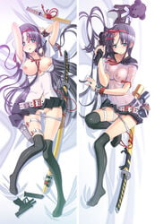 blue_eyes blush breasts censor_bar censored dakimakura explosive feet grenade gun hair_ornament hair_ribbon highres katana legs long_hair nipples original panties purple_hair pussy pussy_juice ribbon sakuya_tsuitachi see-through stuffed_animal stuffed_toy sword teddy_bear thigh_strap thighhighs torn_clothes underwear very_long_hair weapon