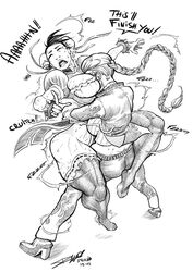 2girls ass breasts capcom chun-li cleavage crimson_viper crying defeated female femdom hug huge_breasts human imminent_rape lips long_hair monochrome open_mouth rape short_hair sterna straight_hair street_fighter sweat tears text thick_thighs wet yuri