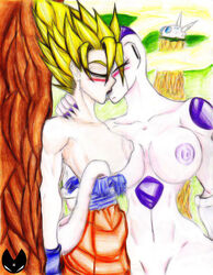 2girls alien alien_girl blush breasts closed_eyes clothes color day dragon_ball dragon_ball_z female female_only freeza frieza genderswap gloves hair humanoid interspecies kissing maujenfijeta multiple_females multiple_girls namek nipples nude outdoors rule_63 saiyan son_goku straight_hair super_saiyan tail topless torn_clothes white_skin yellow_hair yuri