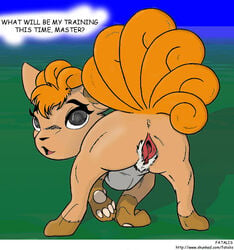 anus back_view day english_text fatalis female female_only feral fur furry_tail looking_back multiple_tails nintendo nude outdoors pokemon pokemon_(species) pubic_hair pussy solo tagme tail tehwalrus_edits text vulpix