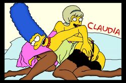 ass claudia-r clothes color female female_only human lurleen_lumpkin marge_simpson multiple_females multiple_girls side_view tagme the_simpsons vulva yuri