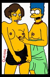 breasts claudia-r clothes color female female_only human judge_constance_harm marge_simpson multiple_females multiple_girls nipples standing the_simpsons topless yuri