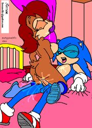 archie_comics blue_fur breasts brown_hair cowgirl_position female female_on_top furry hair hedgehog large_breasts mammal mobian_(species) on_bed sally_acorn sega sex sonic_(series) sonic_satam sonic_the_hedgehog sonic_the_hedgehog_(archie) sonic_the_hedgehog_(comics) sonic_the_hedgehog_(series) straight terrenslks