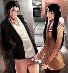 1boy angry black_hair bondage bottomless censored clothed_female_nude_male coat cum cum_collecting female female_rapist femdom handjob long_hair male_rape_victim original penis public rape restrained reverse_rape stealing_seed stealing_semen struggling test_tube warumajirowarumajiro yandere