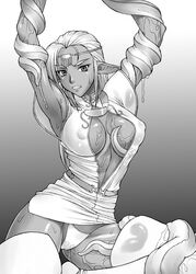 1girls armpits arms_up bang-you boots breasts curvaceous dark-skinned_female dark_elf dark_skin elf erect_nipples female greyscale humanoid large_breasts long_hair monochrome pirotess pointy_ears pussy_juice record_of_lodoss_war skirt skirt_lift slime tentacle tentacle_under_clothes thick_thighs thigh_boots thighhighs thong white_hair wide_hips