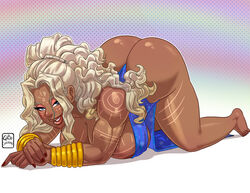 1girls 5_fingers aluna armband ass barefoot body_markings breasts bubble_butt busty commission dark-skinned_female dark_skin dat_ass eyelashes face_markings feet female gabocaricaturas large_ass large_breasts legs lips markings original_character thighs voluptuous white_hair