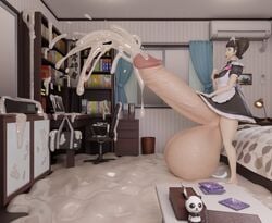 3d_(artwork) becky_(persona) brown_hair cum_everywhere cum_flood cum_on_floor deepinhale excessive_cum futa_only futanari hyper hyper_balls hyper_genitalia hyper_penis hyper_testicles large_balls maid maid_uniform persona persona_5 sadayo_kawakami short_hair