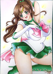 1girls armpits belly_button big_breasts bishoujo_senshi_sailor_moon blush boots brown_hair cameltoe choker chubby clothing curvaceous curvy earrings elbow_gloves erect_nipples erect_nipples_under_clothes female female_only gloves green_eyes green_skirt hanazono_hinata high_heel_boots high_heels huge_breasts jewelry lace-up_boots large_breasts leotard long_hair magical_girl makoto_kino medium_hair open_mouth panties pantyshot ponytail pose sailor_collar sailor_jupiter serafuku short_skirt skirt solo solo_female subtle_cameltoe thick_thighs tiara upskirt voluptuous