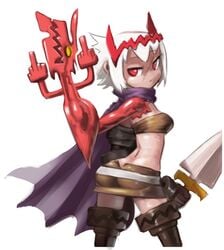 1girls angry ass cape dat_ass double_middle_finger dragon dragon_girl dragon_marked_for_death empress_(dmfd) flipping_off horn horns inti_creates medium_breasts middle_finger minus8 monster_girl red_eyes red_scales scales scar short_hair sword thighhighs weapon white_hair