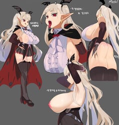 armpits arms_behind_head ass_grab bat breasts cape character_sheet cross cross_earrings demon_girl draculina_(last_origin) earrings fangs firstw1 grabbing_own_ass highres jewelry large_breasts last_origin multiple_views pointy_ears red_eyes sideboob thighhighs tongue tongue_out wings