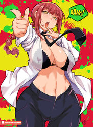 1girls bayeuxman big_breasts bra breasts cameltoe chainsaw_man clothed curvy_figure eye_contact female finger_licking finger_to_tongue formal formal_attire formal_clothes formal_wear girl_in_suit image long_hair looking_at_viewer makima_(chainsaw_man) necktie red_hair solo speech_bubble standing suit_and_tie text thick_thighs tight_clothing tongue tongue_out wide_hips woman_in_suit yellow_eyes