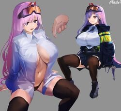 black_legwear black_panties breasts collared_shirt disembodied_limb eyewear_on_head female firstw1 girls'_frontline grey_background highres huge_breasts invisible_chair long_hair long_sleeves multiple_views navel open_mouth panties partially_unbuttoned pink_hair shirt sig_mcx_(girls'_frontline) simple_background sitting skirt thighhighs underwear white_shirt