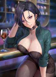 1girls alternate_hair_color asymmetrical_hair bangs bar black_hair blush breasts chihunhentai choker cleavage cup drinking_glass female fire_emblem fire_emblem:_three_houses glass green_jacket grin highres jacket large_breasts looking_at_viewer nintendo pantyhose purple_eyes revealing_clothes shamir_nevrand short_hair shorts smile solo solo_female