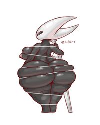 back back_view backboob black_skin bubble_butt entangled fat_ass female hollow_knight hornet_(hollow_knight) large_ass mask masked nikozoi nipples shortstack standing string tied weapon