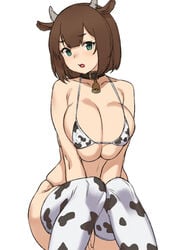 1girls 2020 arms_between_legs bell big_breasts bra breasts brown_hair cleavage covered_nipples cow_bikini cow_ears cow_girl cow_horns cow_print cow_print_legwear cow_print_micro_bikini female female_focus female_only green_eyes hands_between_legs houtengeki huge_breasts large_breasts legwear looking_at_viewer original original_character panties simple_background solo solo_female solo_focus thick_thighs white_background wide_hips